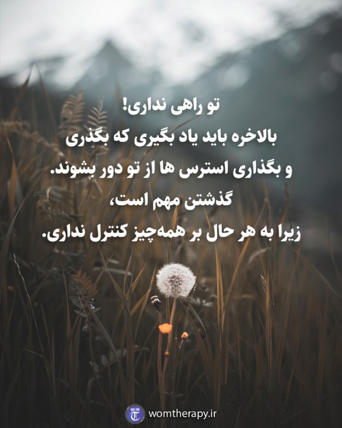 تو راهی نداری! بالاخره باید یاد بگیری که بگذری و بگذاری استرس ها از تو دور بشوند. گذشتن مهم است، زیرا به هر حال بر همه‌چیز کنترل نداری.