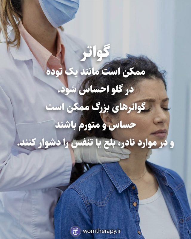 گواتر ممکن است مانند یک توده در گلو احساس شود. گواترهای بزرگ ممکن است حساس و متورم باشند و در موارد نادر، بلع یا تنفس را دشوار کنند.