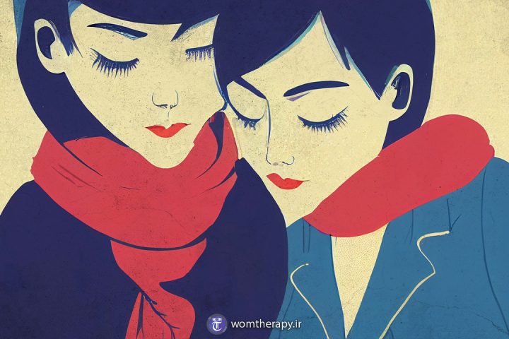 نقاشی دو دختر با شال قرمز و چشم های بسته