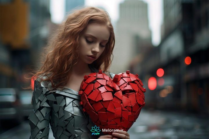 دختری با لباس آهنی در خیابان که یک قلب شکسته قرمز را در دست دارد.