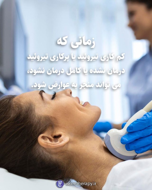 زمانی که کم کاری تیروئید یا پرکاری تیروئید درمان نشده یا کامل درمان نشود، می تواند منجر به عوارض شود.