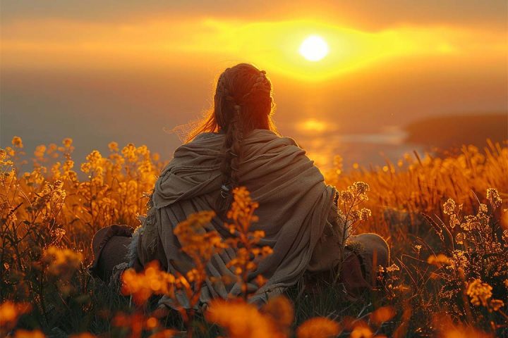 مردی با موهای بلند که در غروب طبیعت در حال دعا و نیایش است.